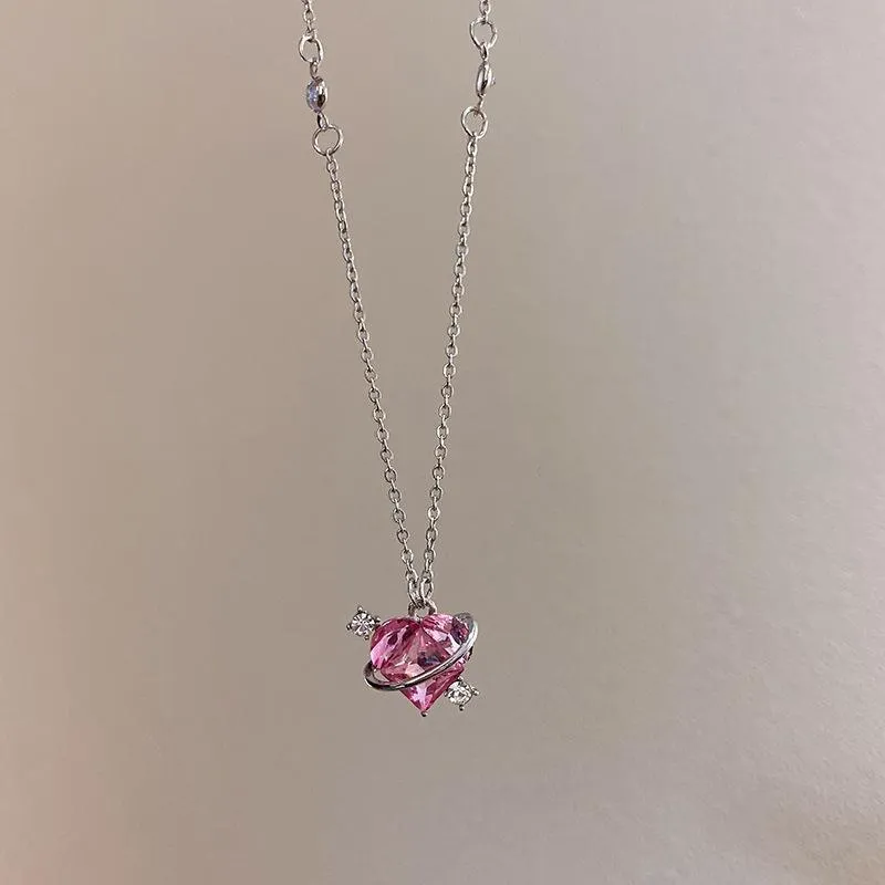 Celestial Love: Pink Heart "Planet" Necklace