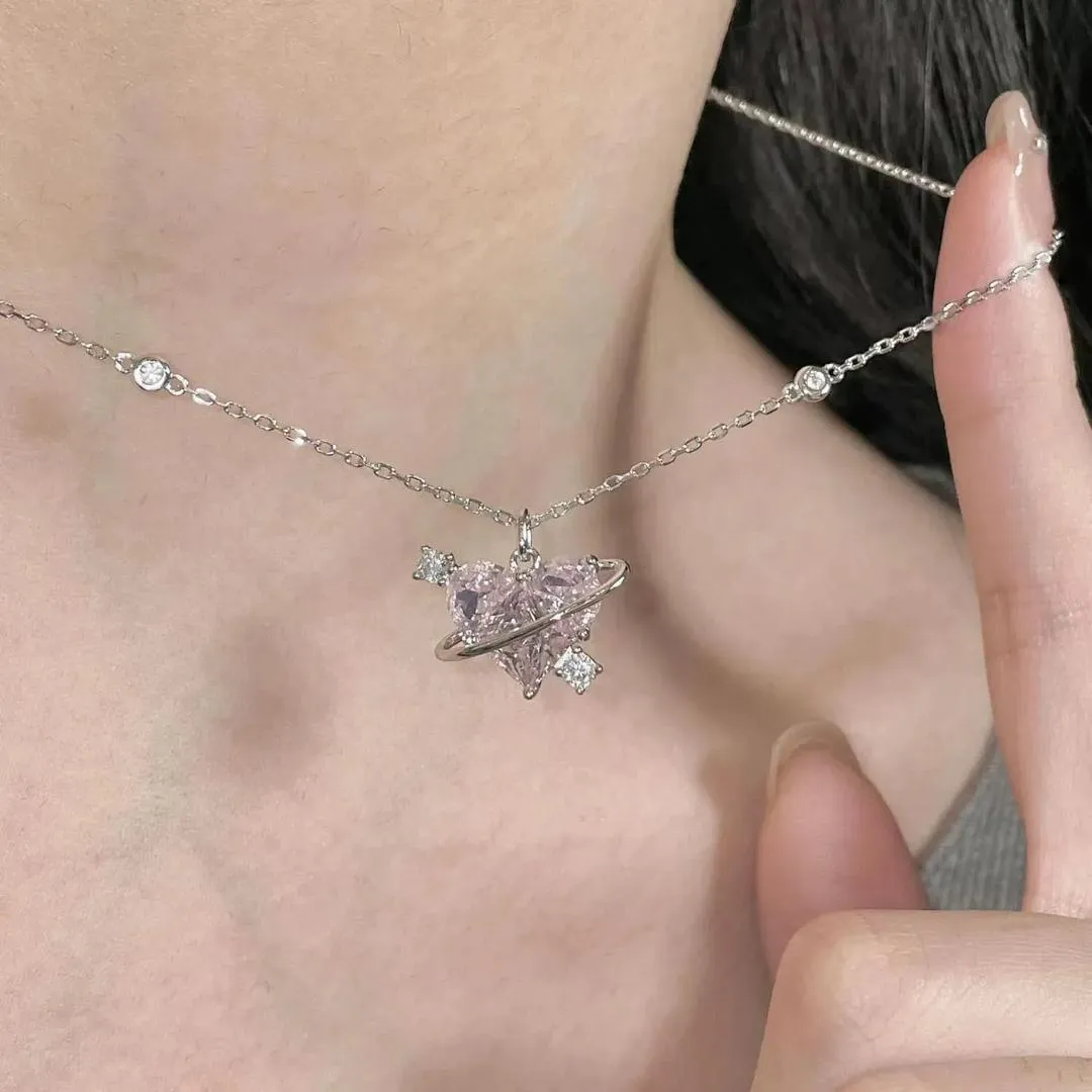 Celestial Love: Pink Heart "Planet" Necklace