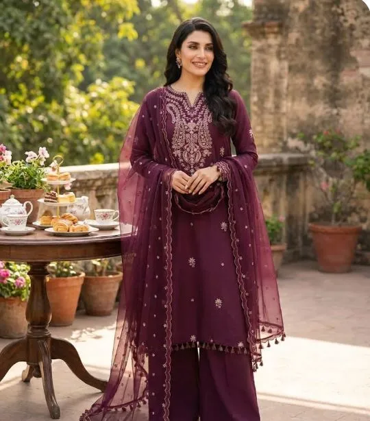 3 Piece - Embroidered Raw Silk Suit