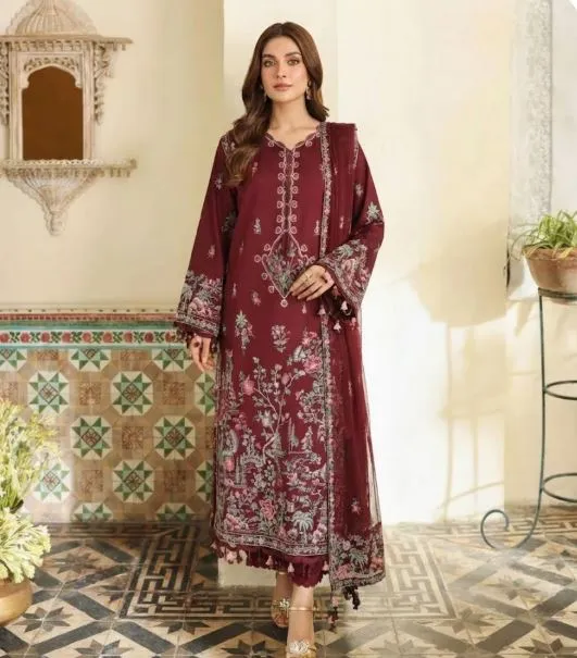 3 Piece - Embroidered Cotton Satin Suit