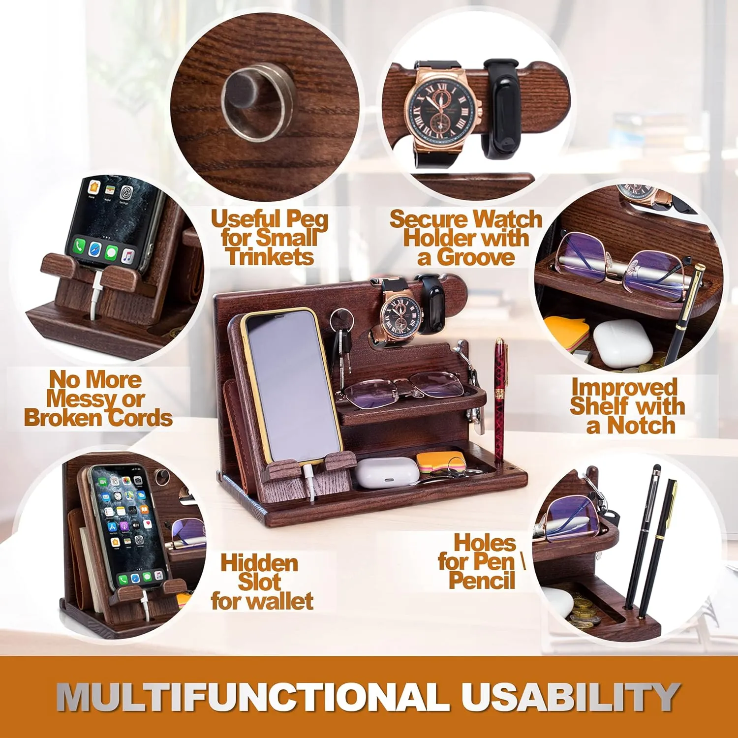 Phone Docking Station for Men - Desk or Nightstand Organizer