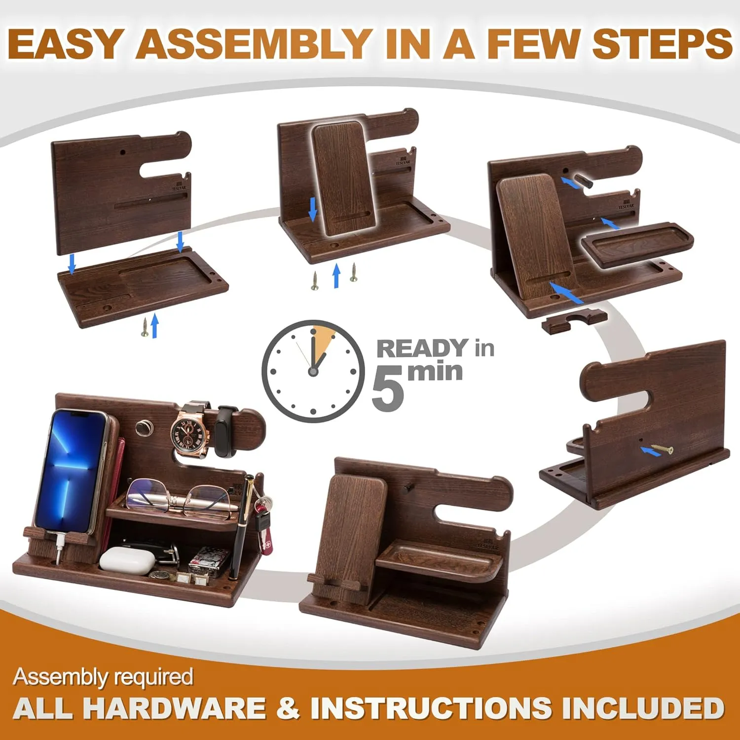Phone Docking Station for Men - Desk or Nightstand Organizer
