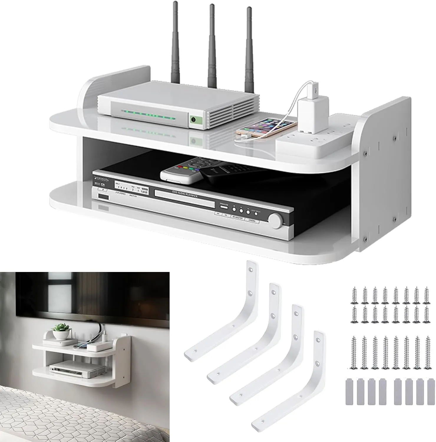 Modem Floating Wall Shelf with 4 White Shelf Brackets