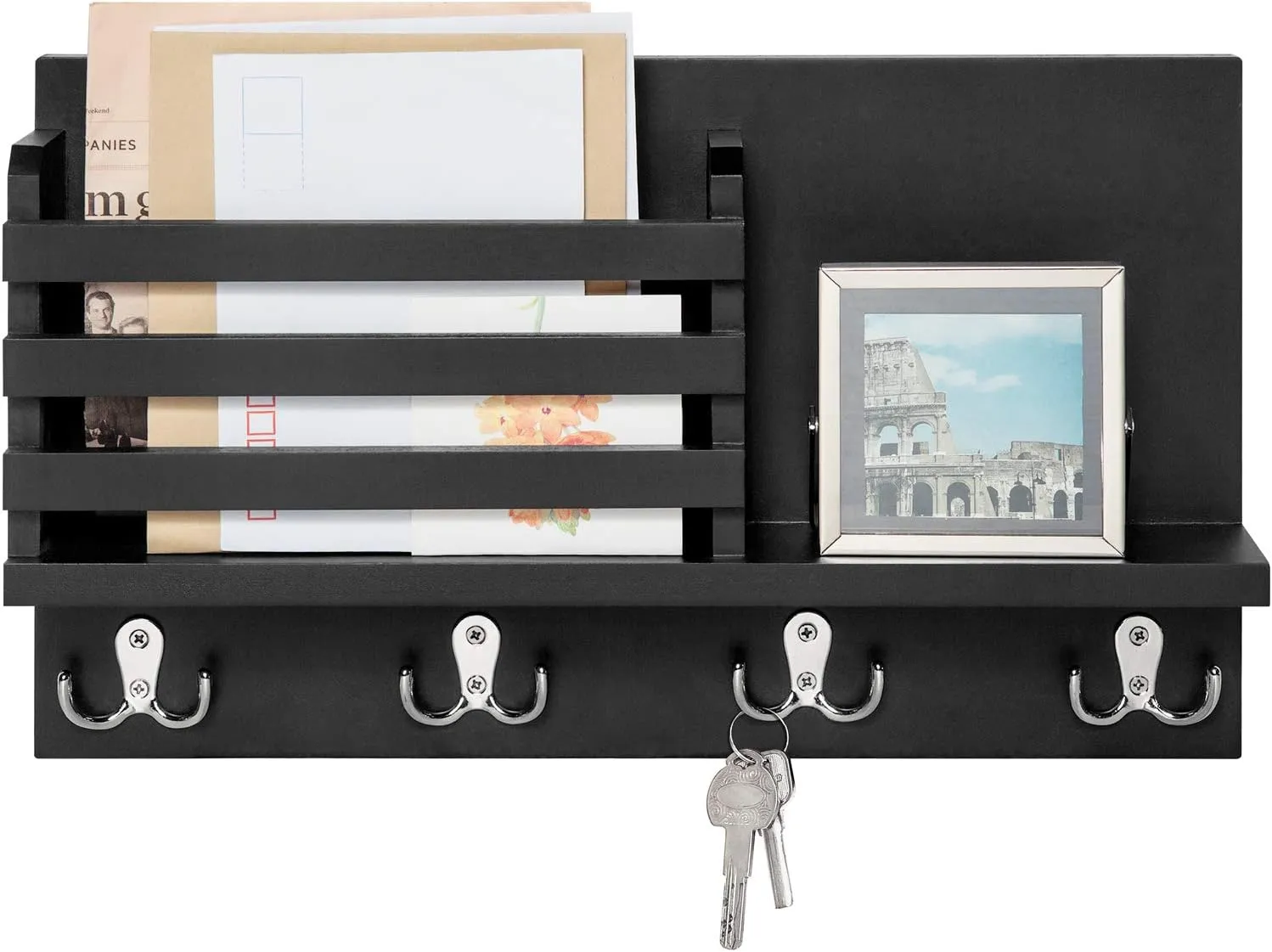 Wall Mounted Mail Holder Wooden Key Holder Rack (Black)