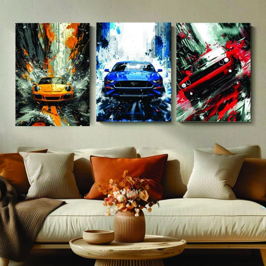 Colorful cars design wall art - set of 3