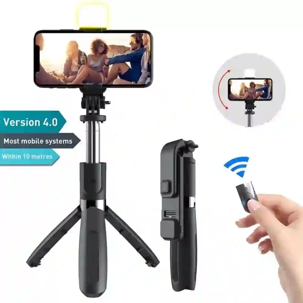 Foldable Selfie Stick With LED lights & Bluetooth Remote Black