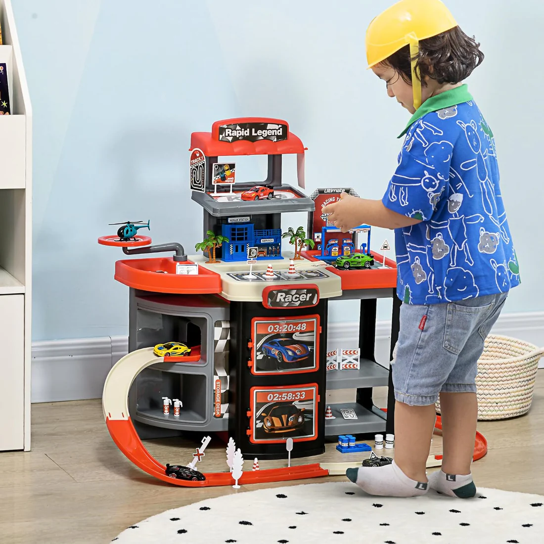 Garage Playset with 65 Accessories, 2 in 1 Design Children