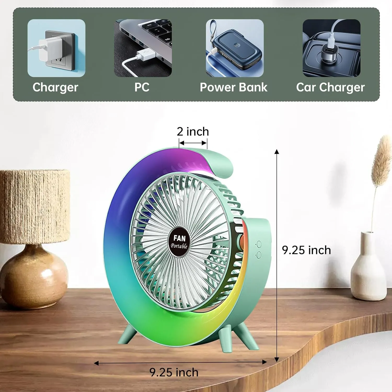 Colorful USB Rechargeable Desktop Fan | Silent Cooling, LED