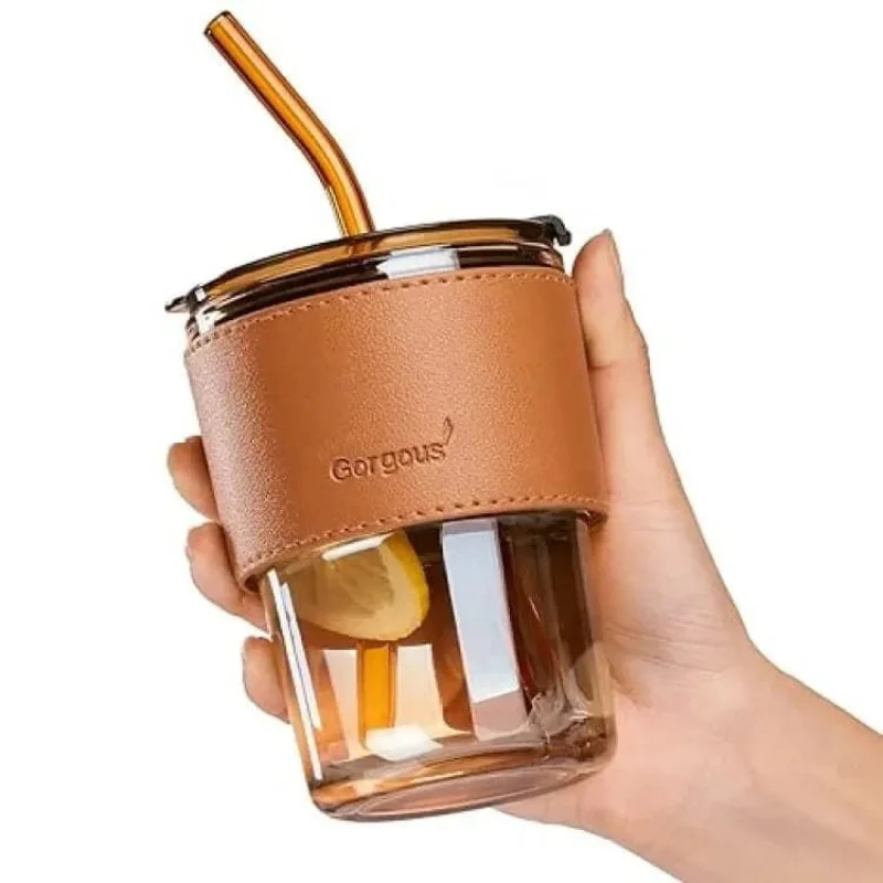 Bamboo Joint Glass Cup with Lid & Straw | 13oz Can-Shaped Tu