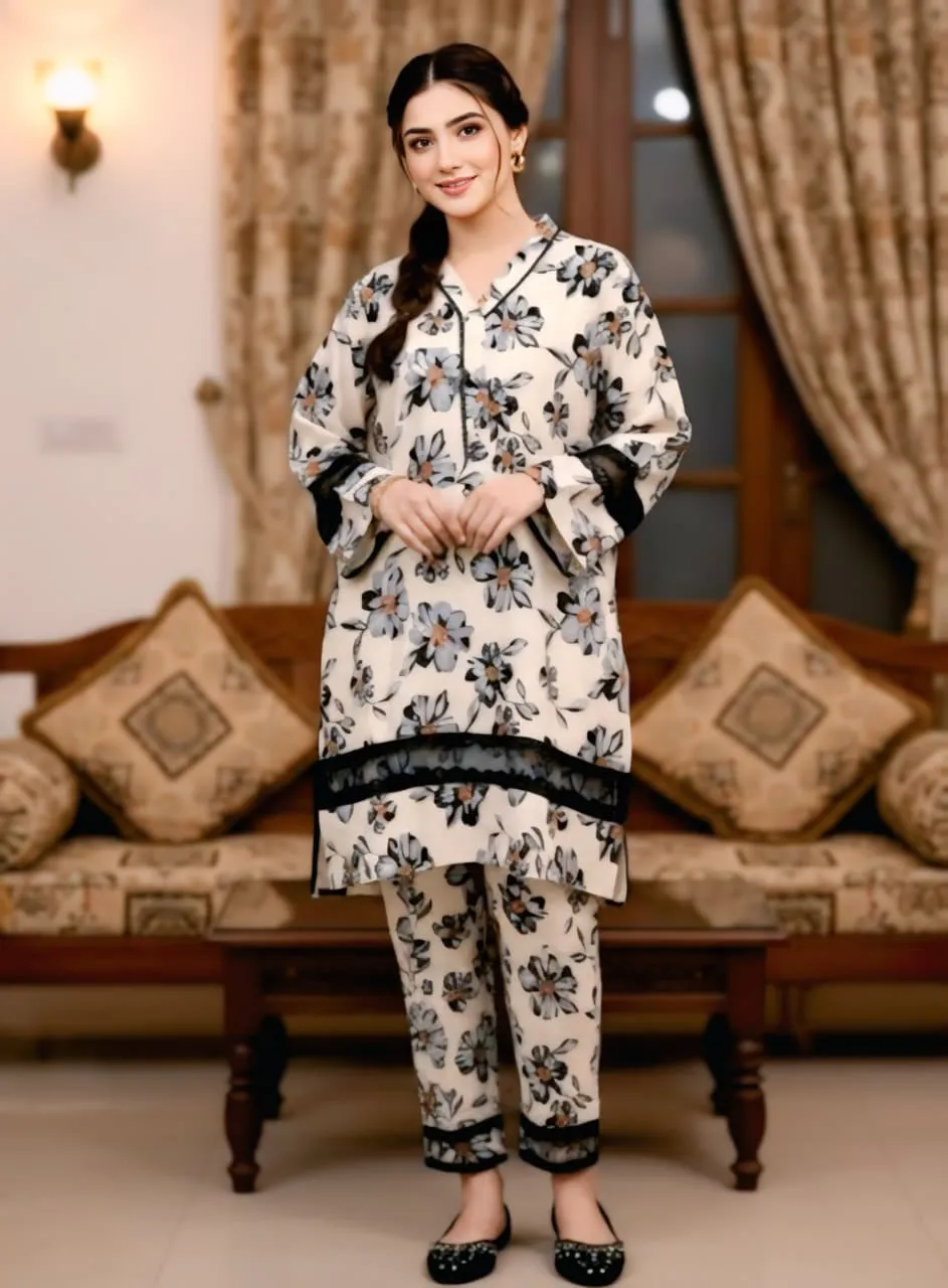 TISSUE BODER Stone Linen Stitched 2 Piece