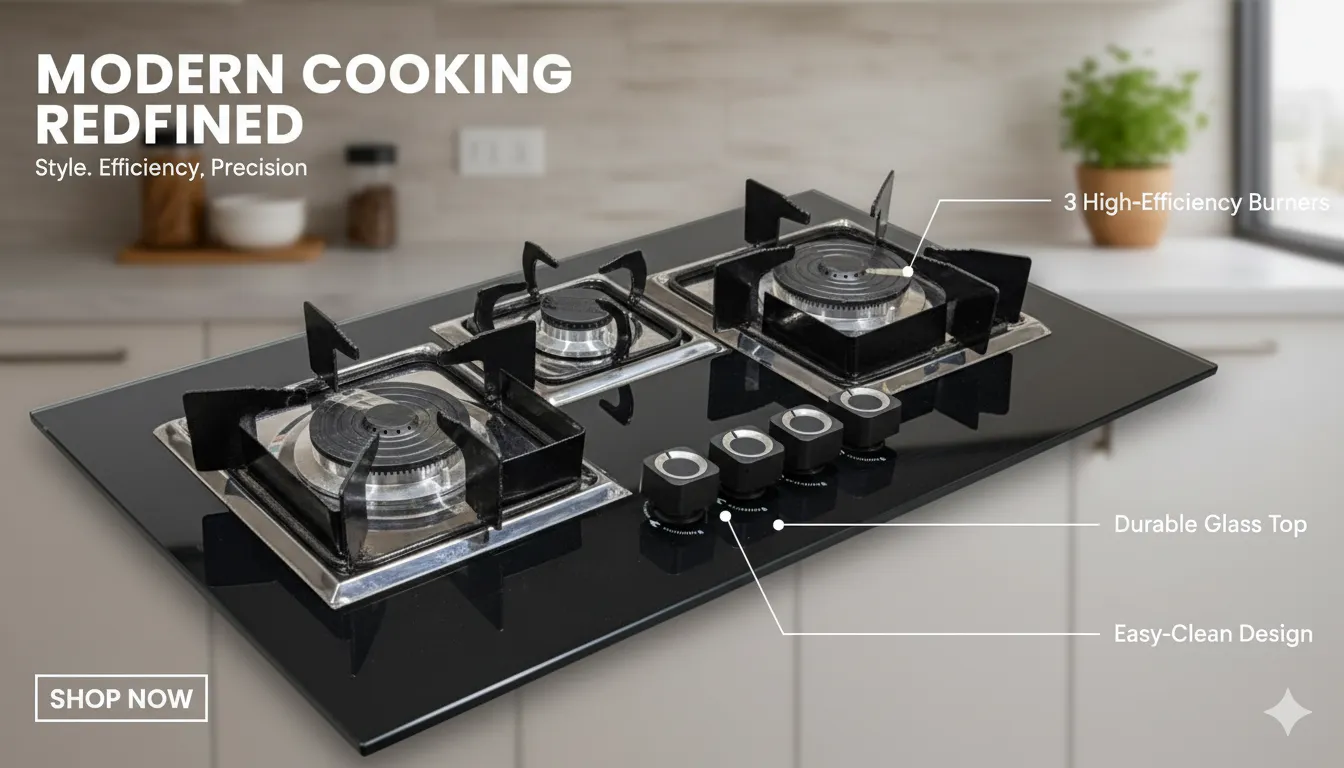 Kitchen Gas Stove Hob | 3 Burner LPG + NG Built-in Glass Top