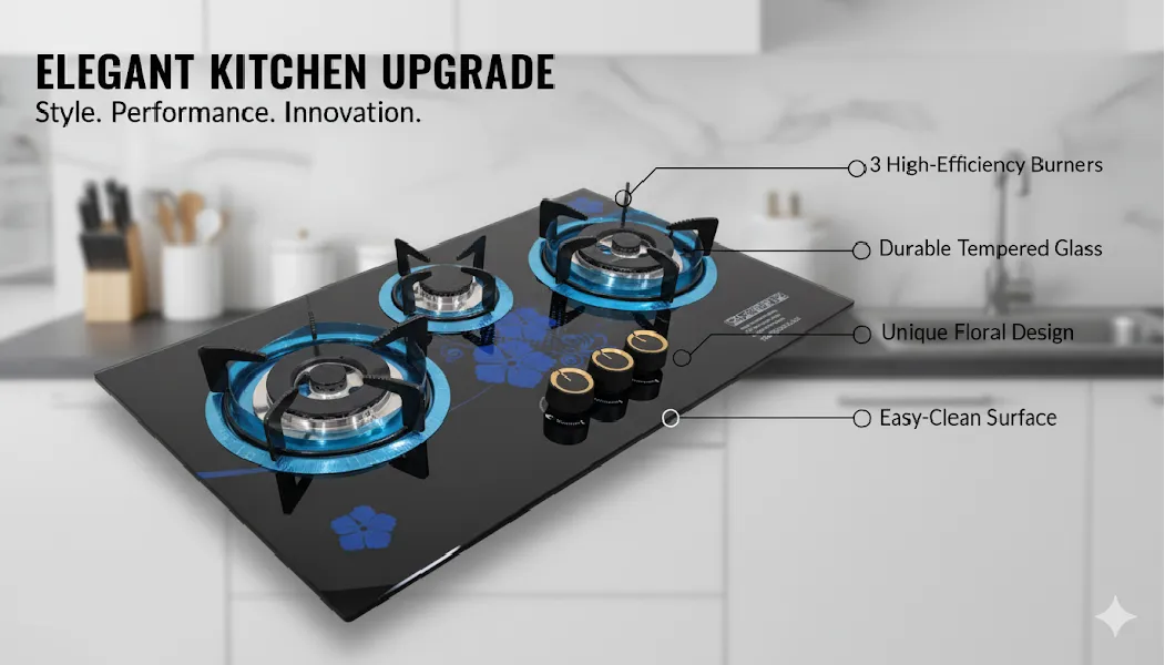 Kitchen Gas Stove Hob | 3 Burner LPG +NG Built-in Glass Top