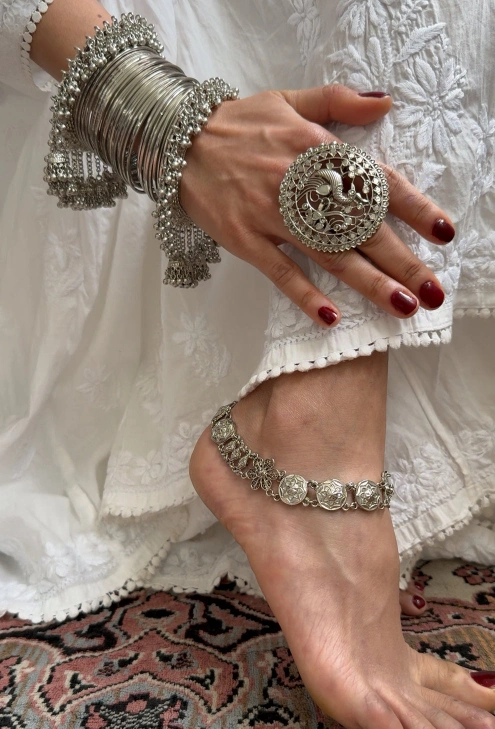 Bandhani Silver Plated Anklets (Pair)
