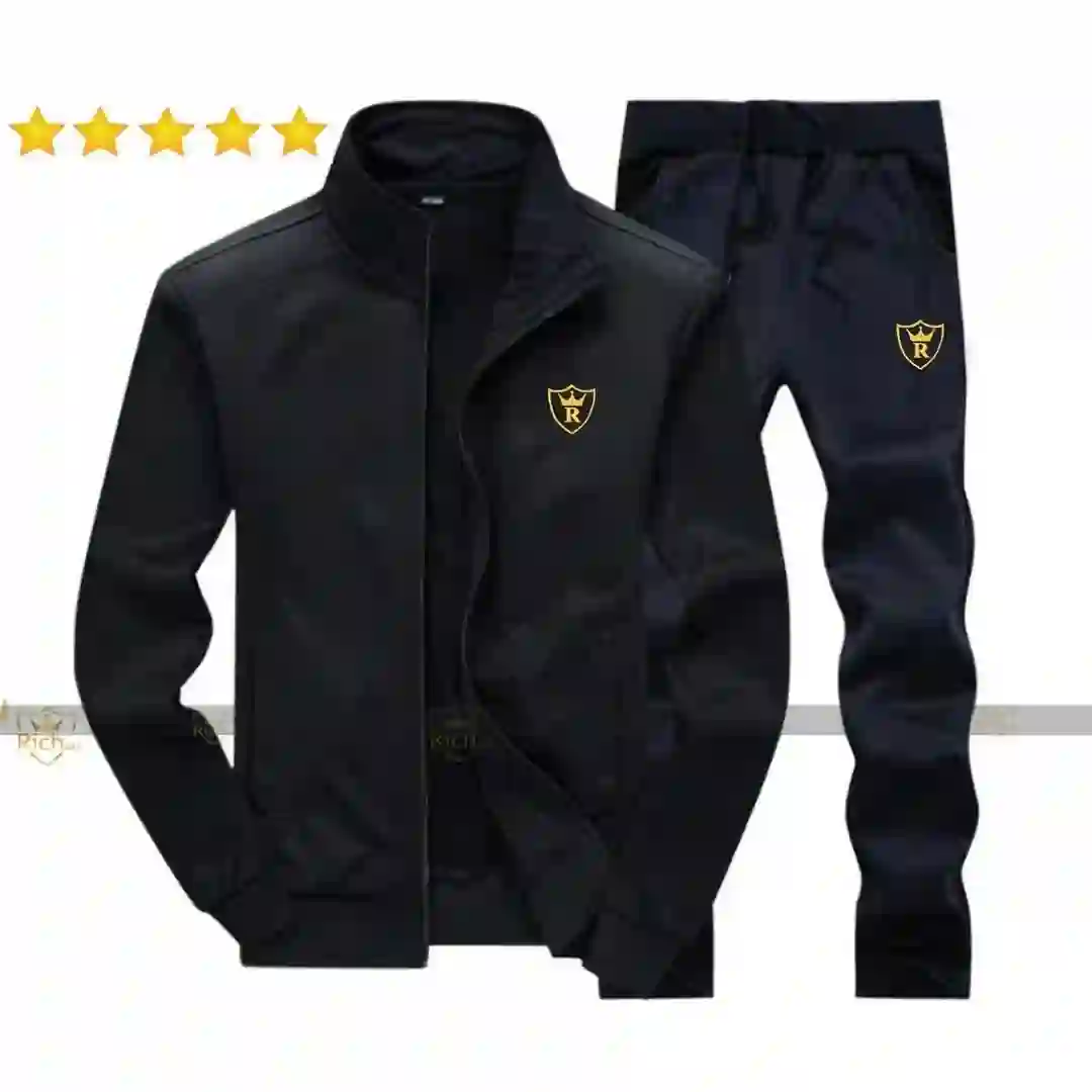 Men's Fleece Track Suit -2Pcs-Black -plain-Collar Design