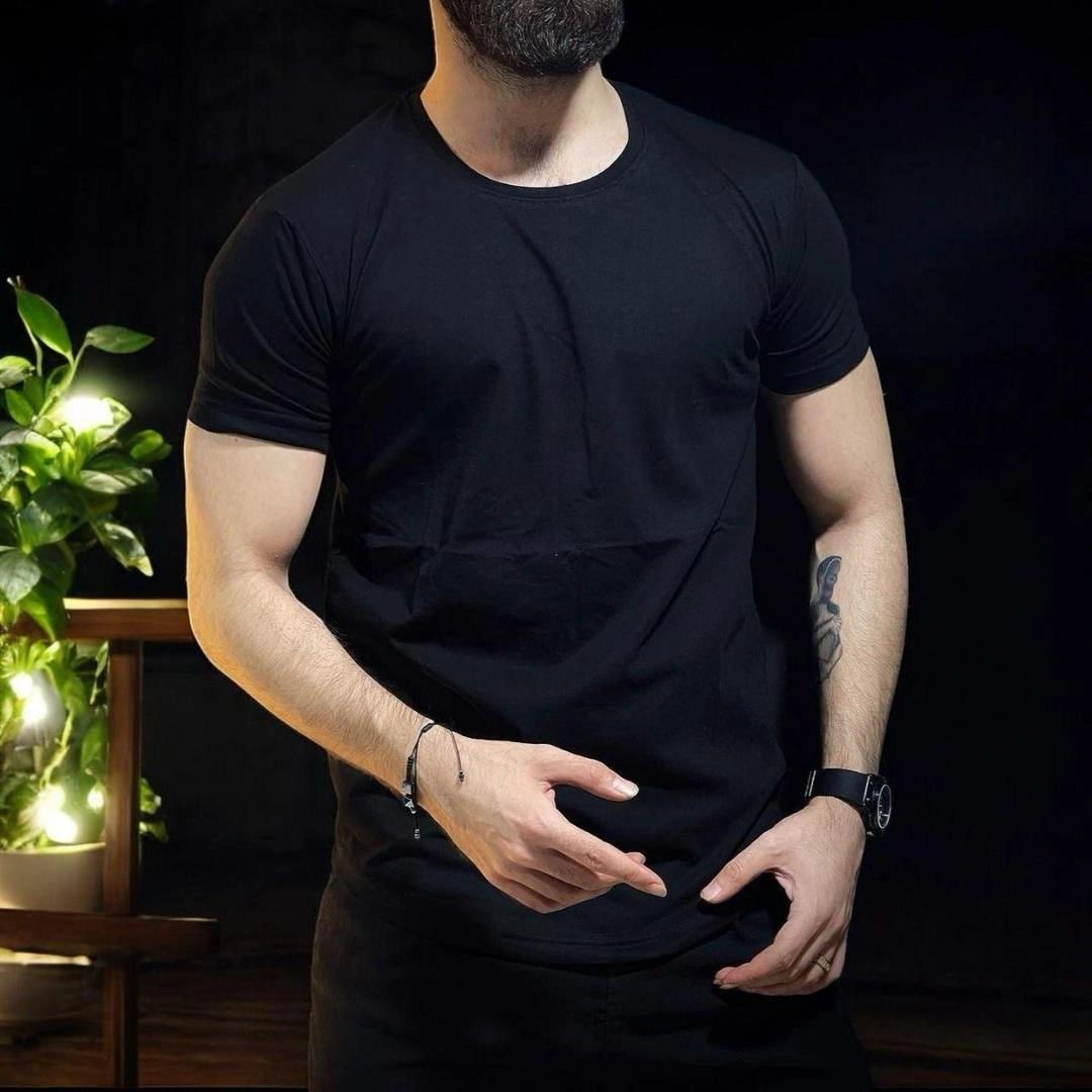 Men's Plain Black Jersey T-Shirt 1 Pc Round Neck Style