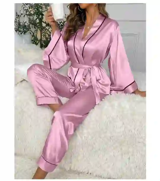 Woman's silk night suit-Comfortable 2 PCs set in plain pink