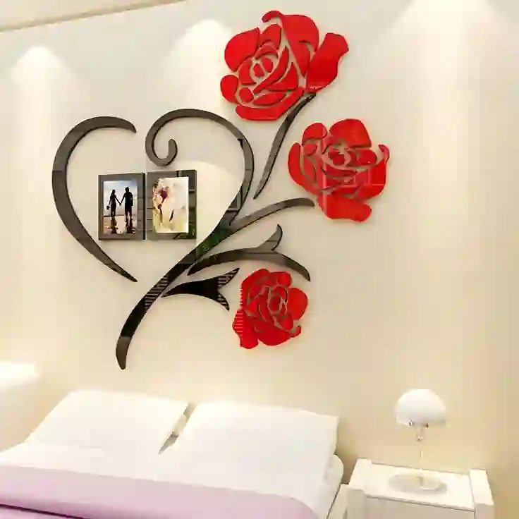 Red Rose Heart Flower With 2 Picture Frames Wooden Wall Decoration