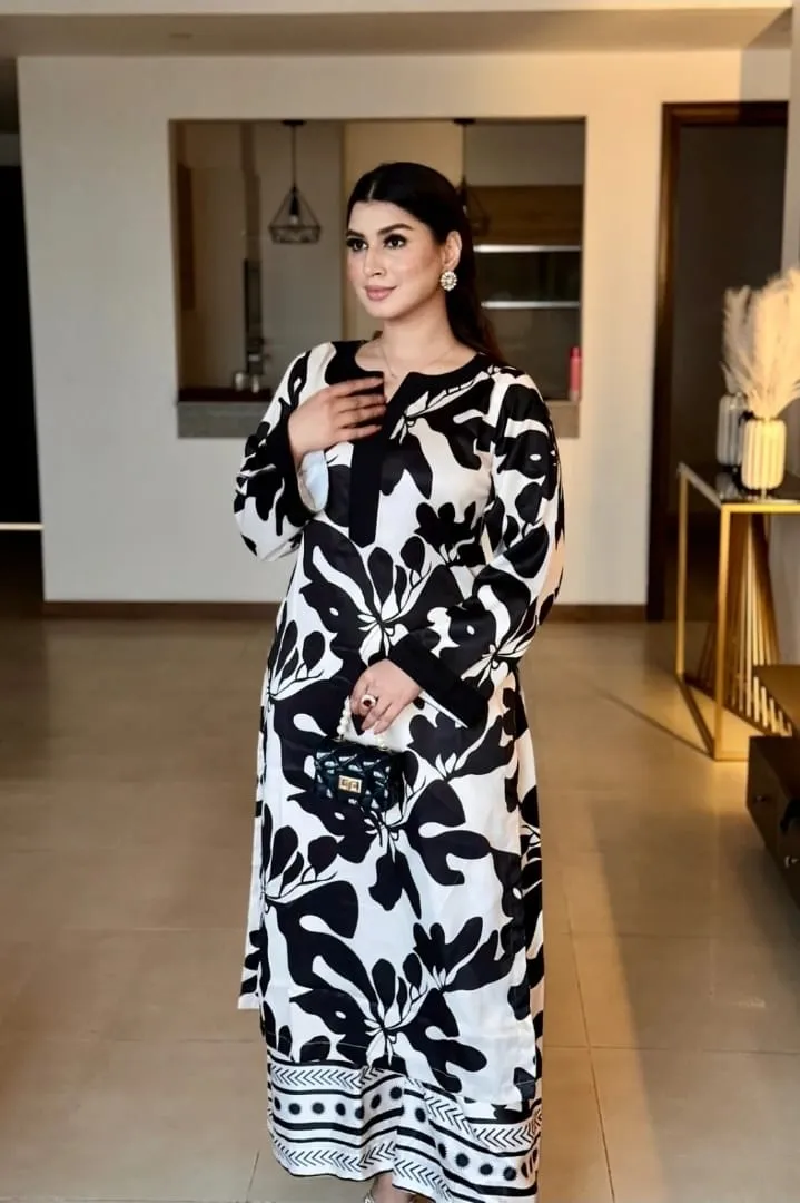 Black  White Flower Printed Armani Satin Suit 2-Piece