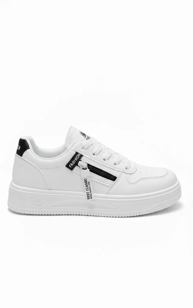 White Sneaker with Zipper Detail | Stylish Casual Women Shoe