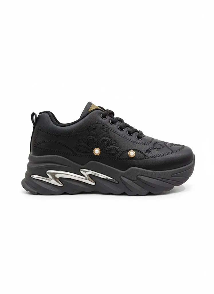 Women's Black Chunky Trainer with Gold Chain & Pearl Accent
