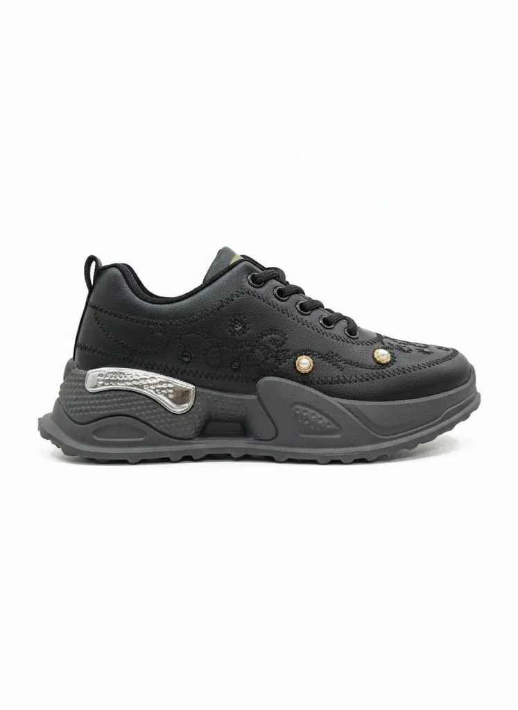 Women's Black Embossed Floral & Pearl Lightning Sole Trainer