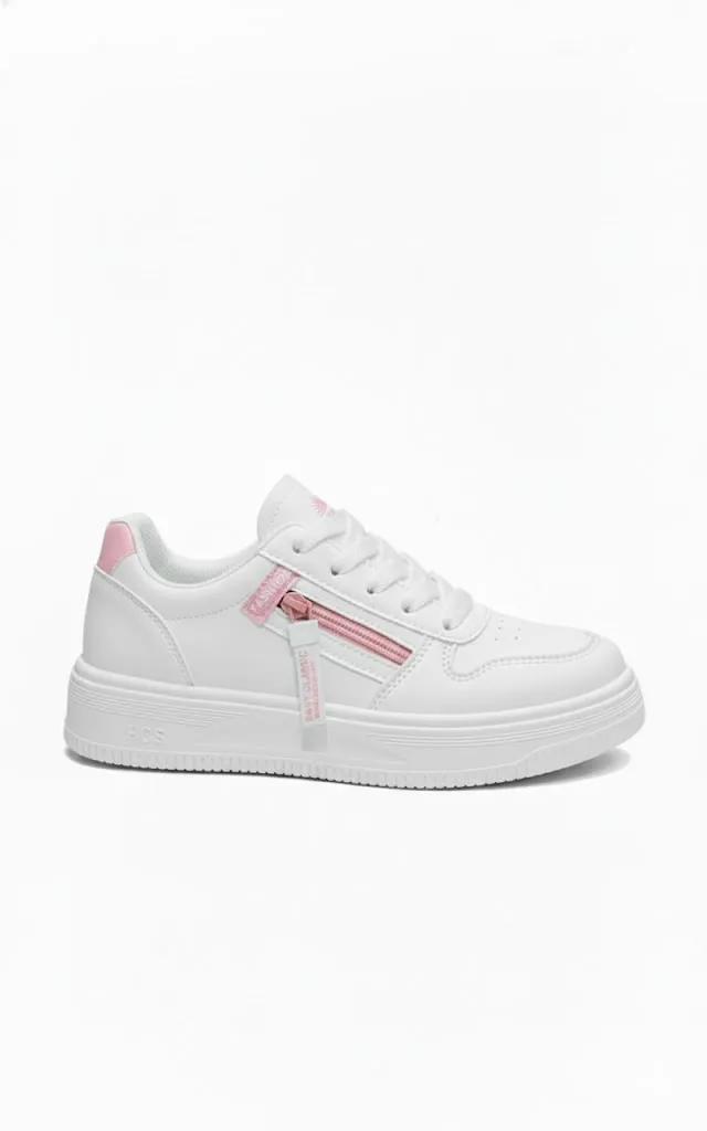 White Platform Sneaker with Pink Side Zipper & Pink Heel Tab