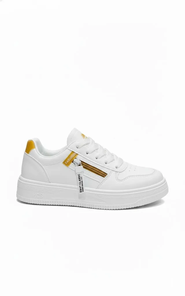 White Platform Sneaker with Mustard Yellow Side Zipper & Hee