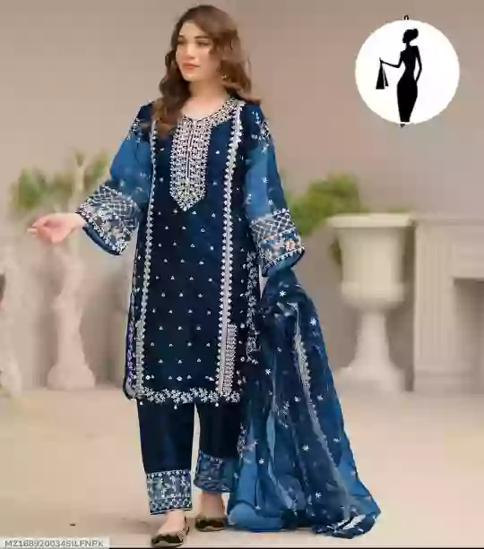 3 pcs women's Stitched organza suit with Embroidered Dupatta