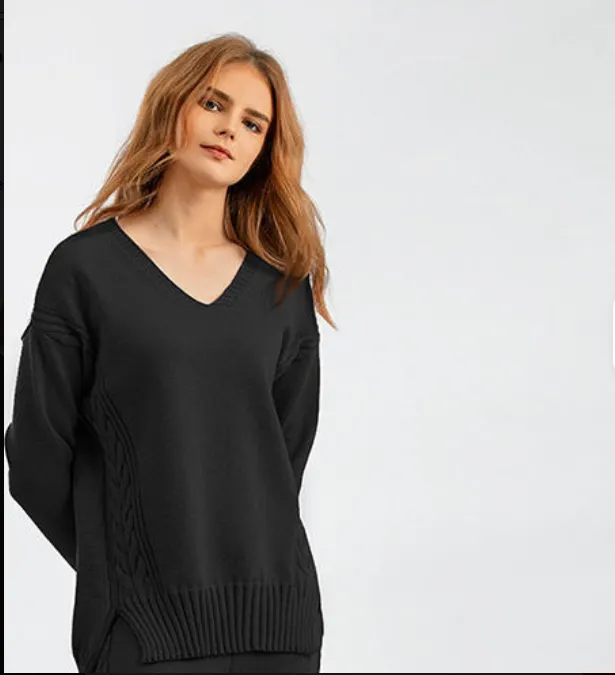 Women’s Solid Cable-Knit Sweater — V-Neck, Side-Slit Hem