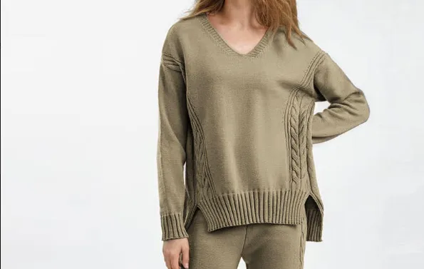 Women’s Solid Cable-Knit Sweater — V-Neck, Side-Slit Hem