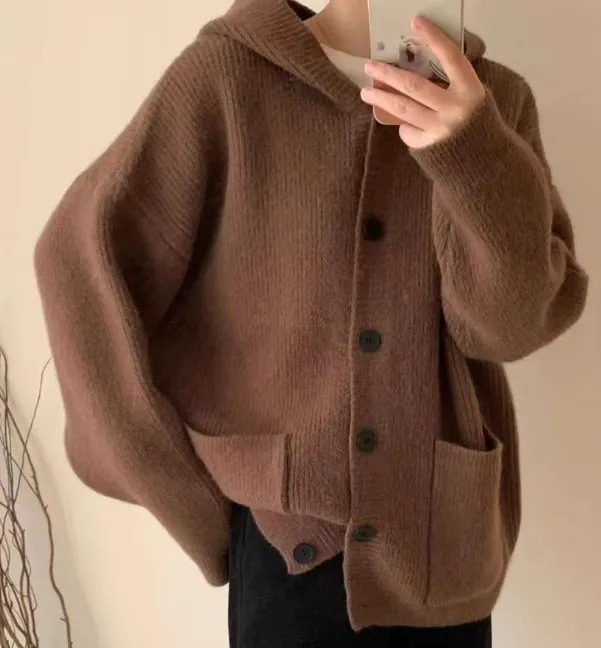 Vintage Hooded Button Knitted Cardigan