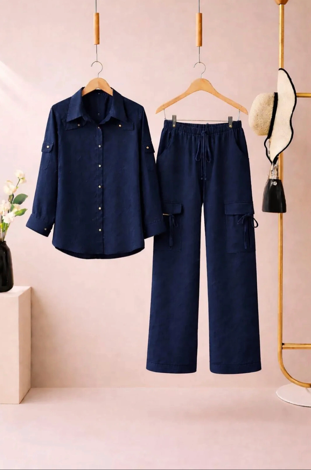 2PCS Women Stitched Georgette Plain Shirt & Trouser - Blue