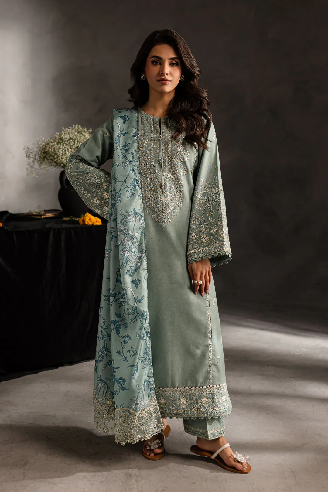 Blue Clue 3Pc - Embroidered Lawn Dress