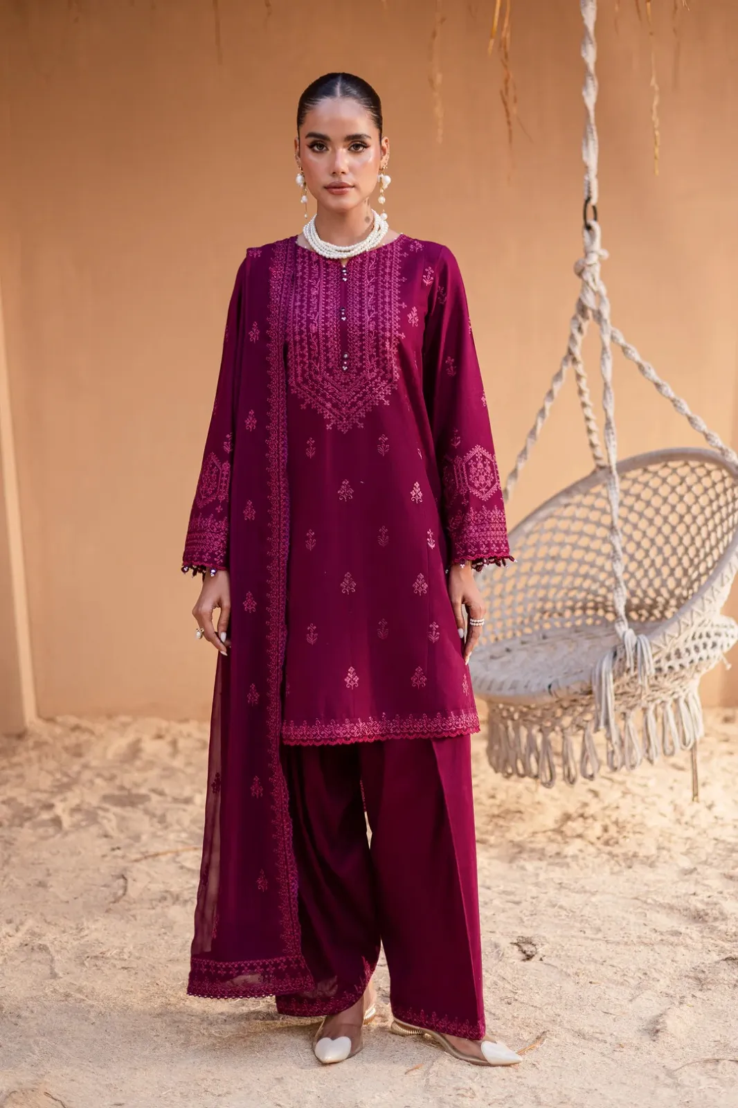 Maroon Henna 3Pc - Embroidered Lawn Dress