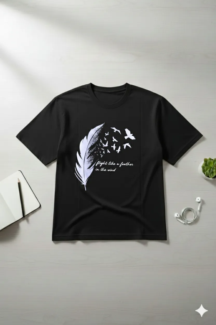 Feather Black Oversized Graphic T-Shirt