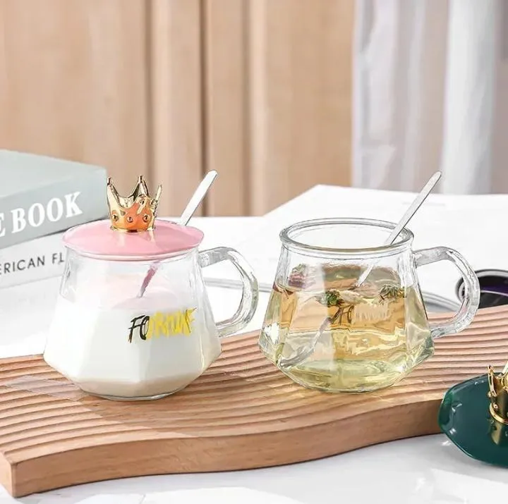 Luxury Crown Glass Mug with Lid & Spoon – Premium Tea & Coff