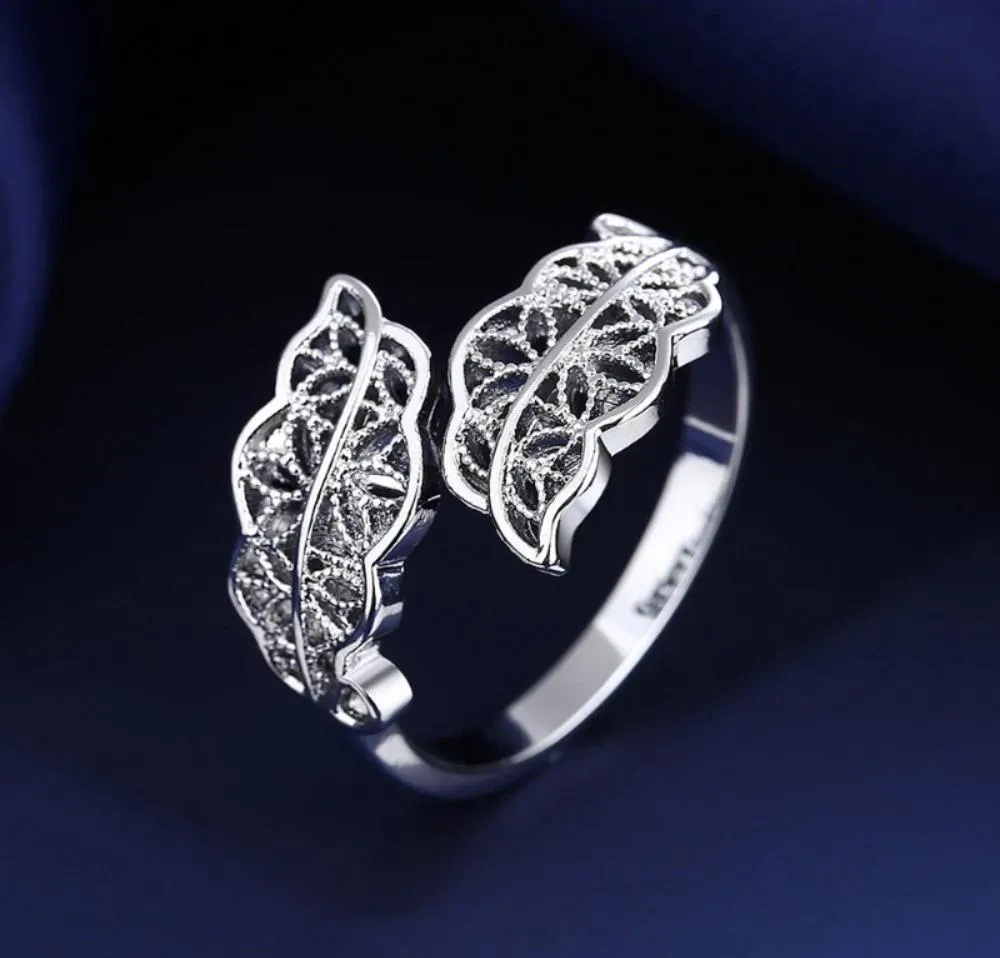 Silver Leaf Zircon Adjustable Ring for Women