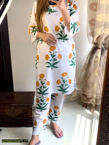 2 Pcs Women's Stitched Linen Printed Shirt And Trouser