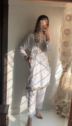 2 Pcs Women's Stitched Linen Sequins Embroidered Shirt And Trouser