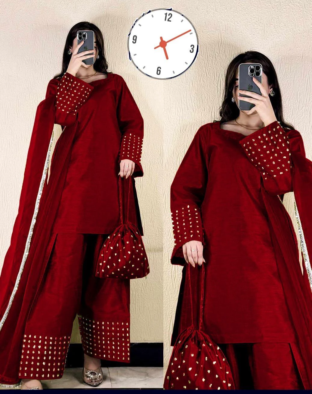 Elegant Maroon Shamooz Silk Women Stitched. Suit 4 Pcs Set