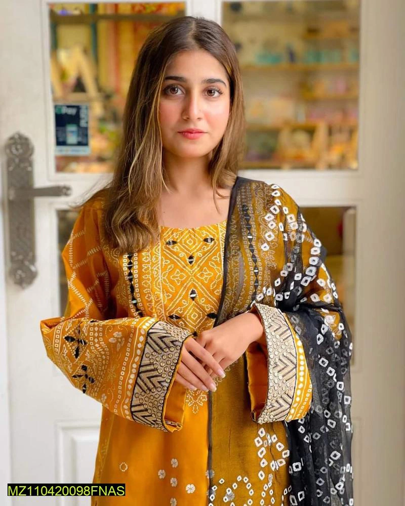 3 Pics Women's Stitched Cotton Silk Printed Suit