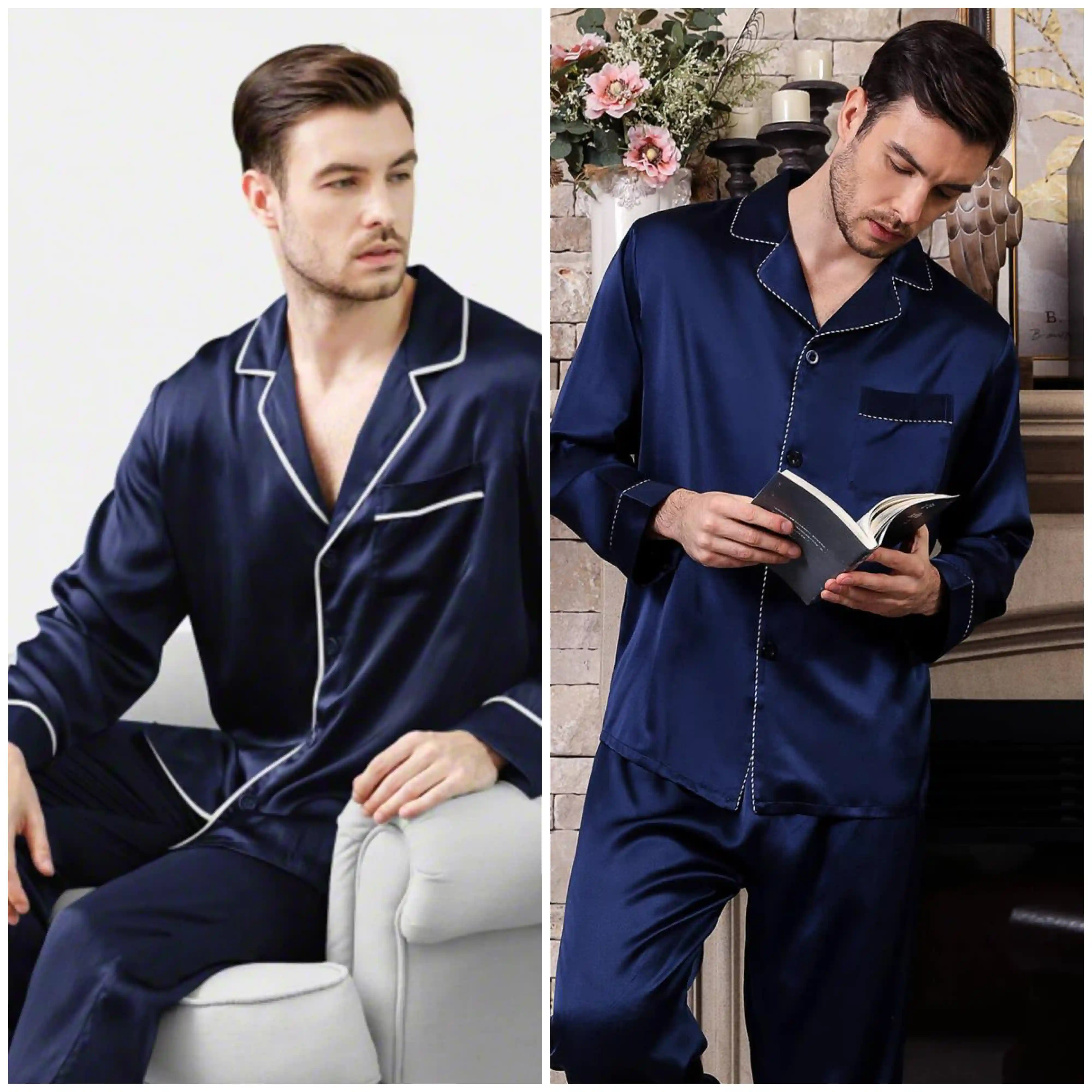 2 Pcs Men's Stitched Silk Plain Sleep Wear